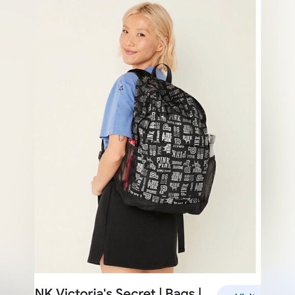 NWT VS PINK black shine all over mixed logo classic backpack - Picture 2 of 6